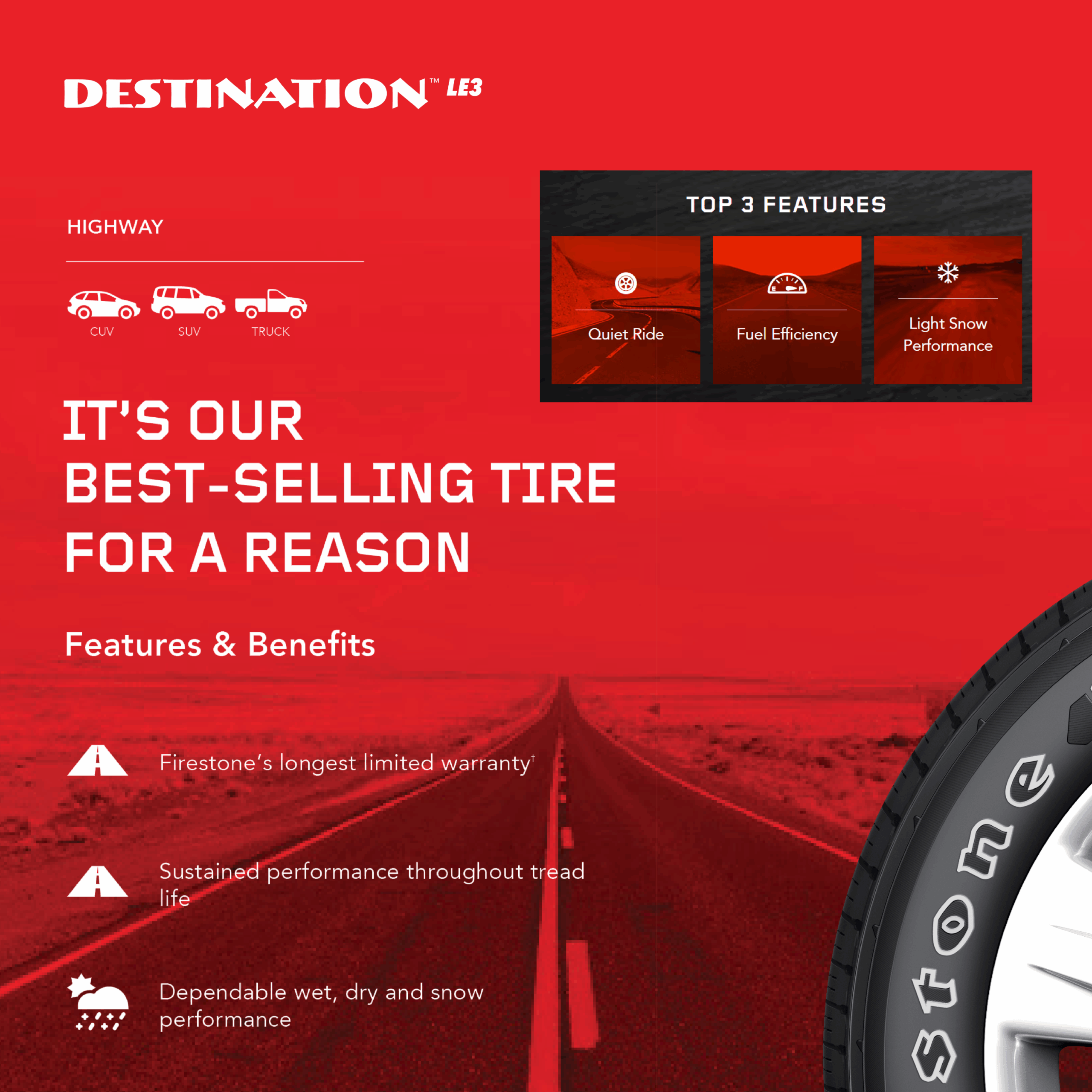 Firestone Destination LE3 tire on wet pavement