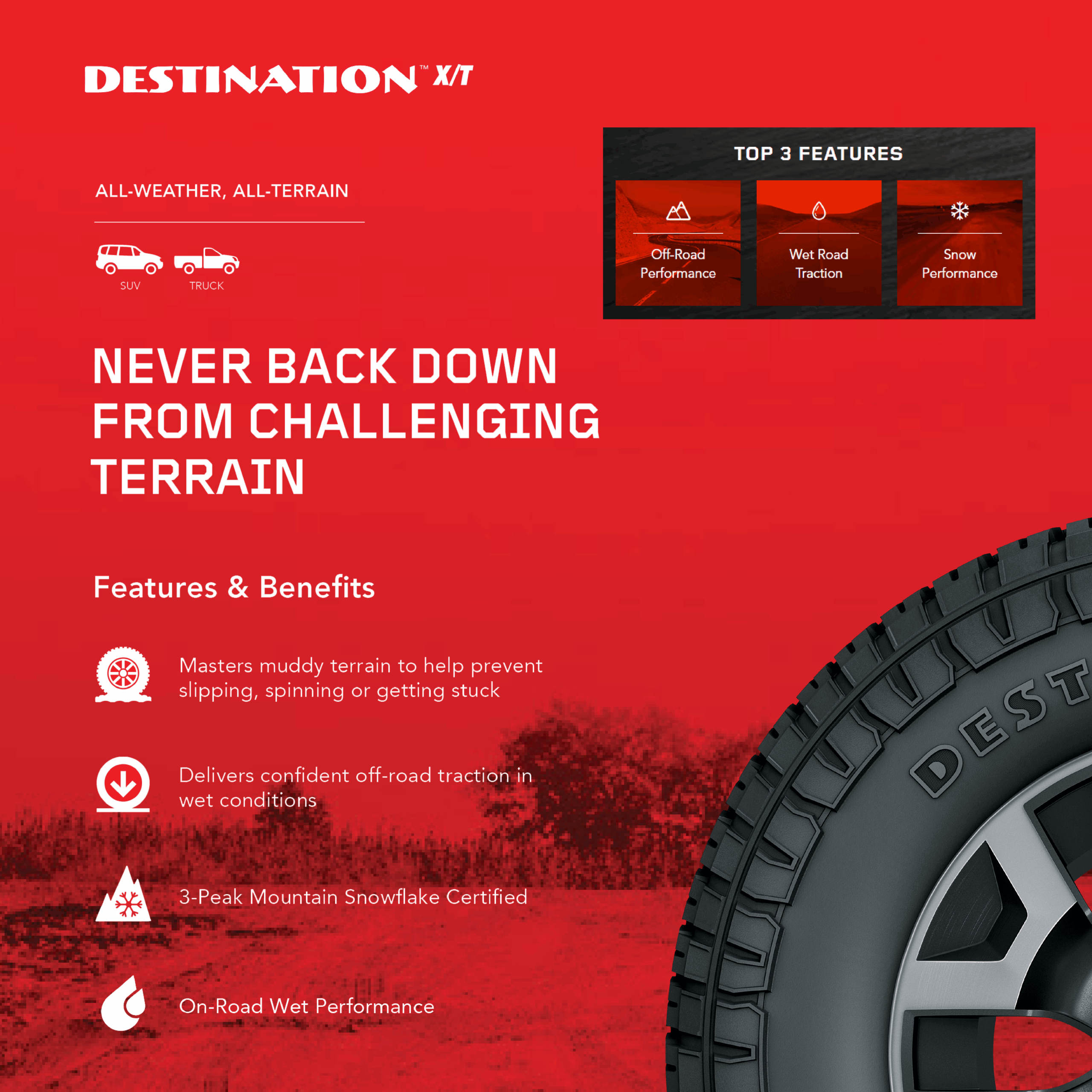 Firestone Destination XT tire on muddy terrain